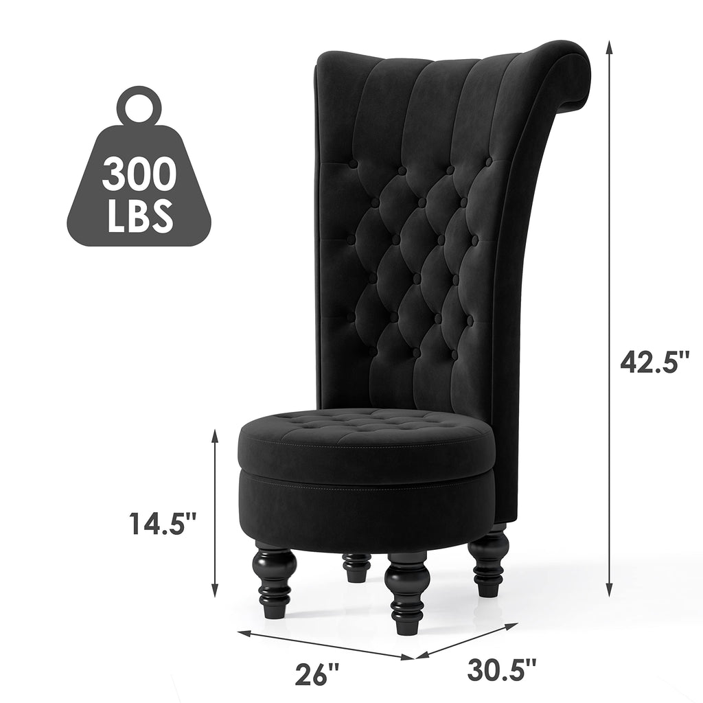 MU High Back Throne Royal Velvet Accent Armless Chair with Storage, Black