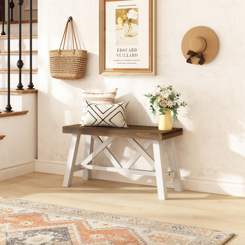 30" Farmhouse Solid Wood Bench, Rustic Entryway Bench, White