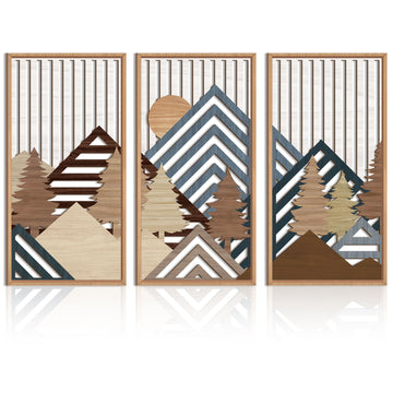 Large Mountain Wood Wall Art 16"x32"x3 Abstract Forest Wall Sculpture Geometric Boho Sunset Wilderness Artwork Living