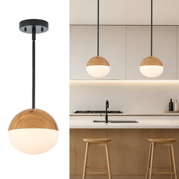 8 Inch Japandi Pendant LightMilkGlassPendantLight withNatura Wood Grain Metal, Adjustable HeightHangingCeiling Light