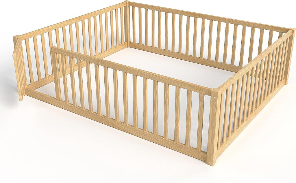 Queen Size Floor Bed with Door and High Guardrail, Queen Size Montessori Floor Bed with Fence, Easy Assemble