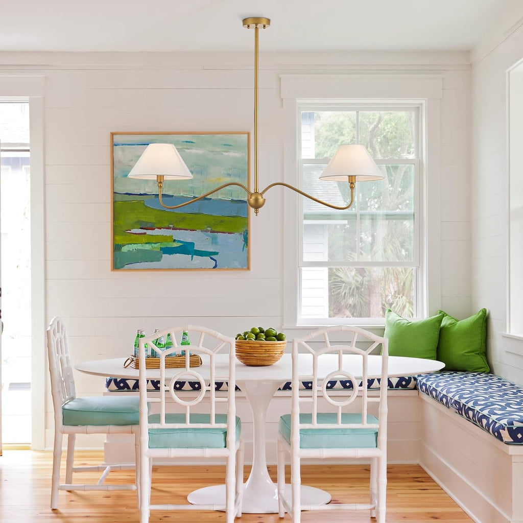 Modern Gold Linear Chandelier for Kitchen Island, 2-Light Linear Light Fixture with Off-White Fabric Shade, Rustic