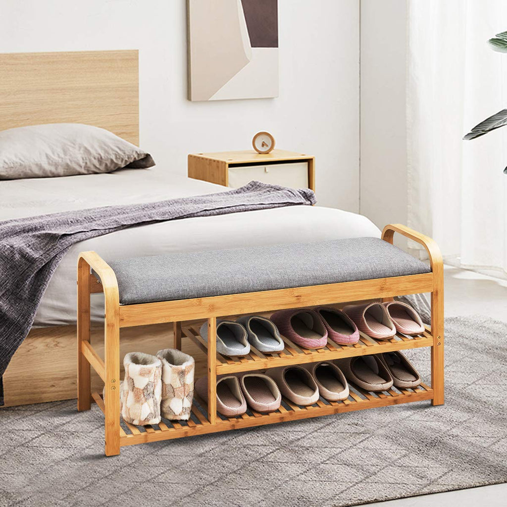 Bamboo Shoe Bench, 3-Tier Entryway Bench with Cushion, Max Load 330 LBS, Modern Stool Storage Shelf Living Room Hallway