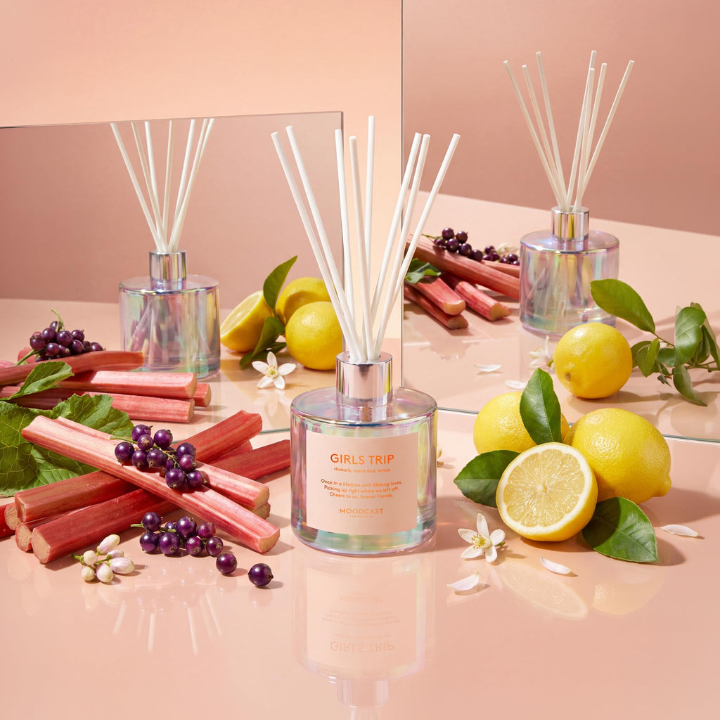 Girls Trip Reed Diffuser - Luxury Scent Diffuser, Fragrance - Lemon, Rhubarb & Cassis Bud, 8 Reeds, Clean