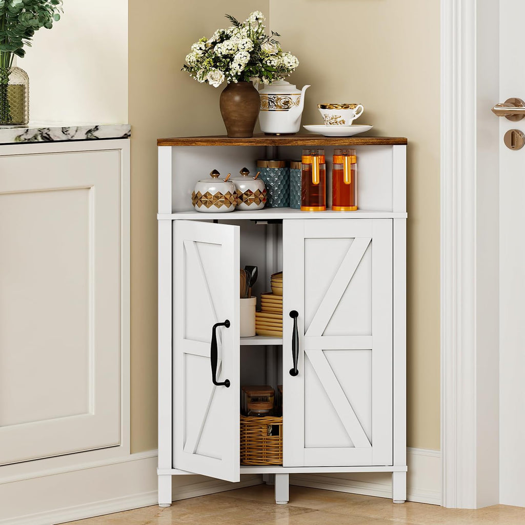Farmhouse-Style Corner Cabinet, Corner Shelf with Open Storage, Double-Door Storage Cabinet, Twist-to-Lock Design