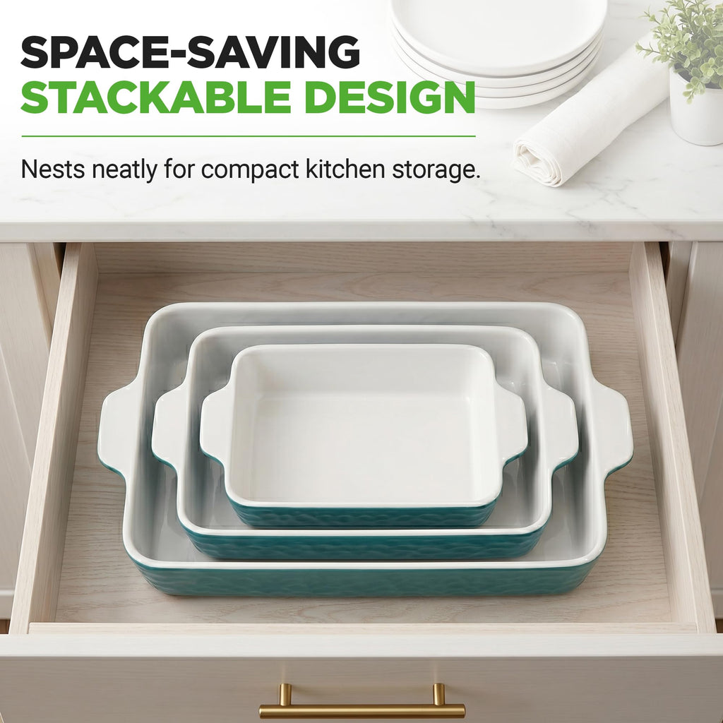 3-pc Casserole Dish Set for Oven, Ceramic Lasagna Baking Dishes, Deep Serving Dish with Handles - Aqua, (14.7"