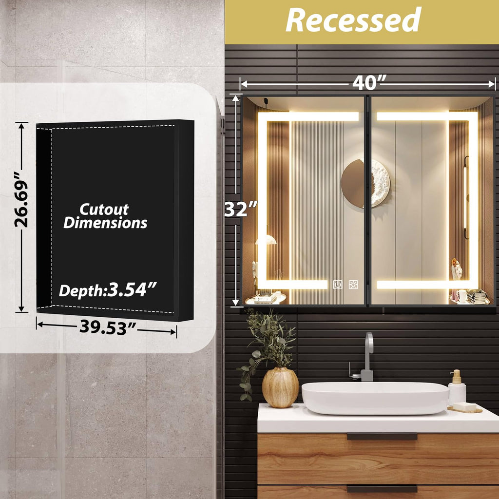 40x32 Inch Black Lighted Bathroom Medicine Cabinet with Mirror