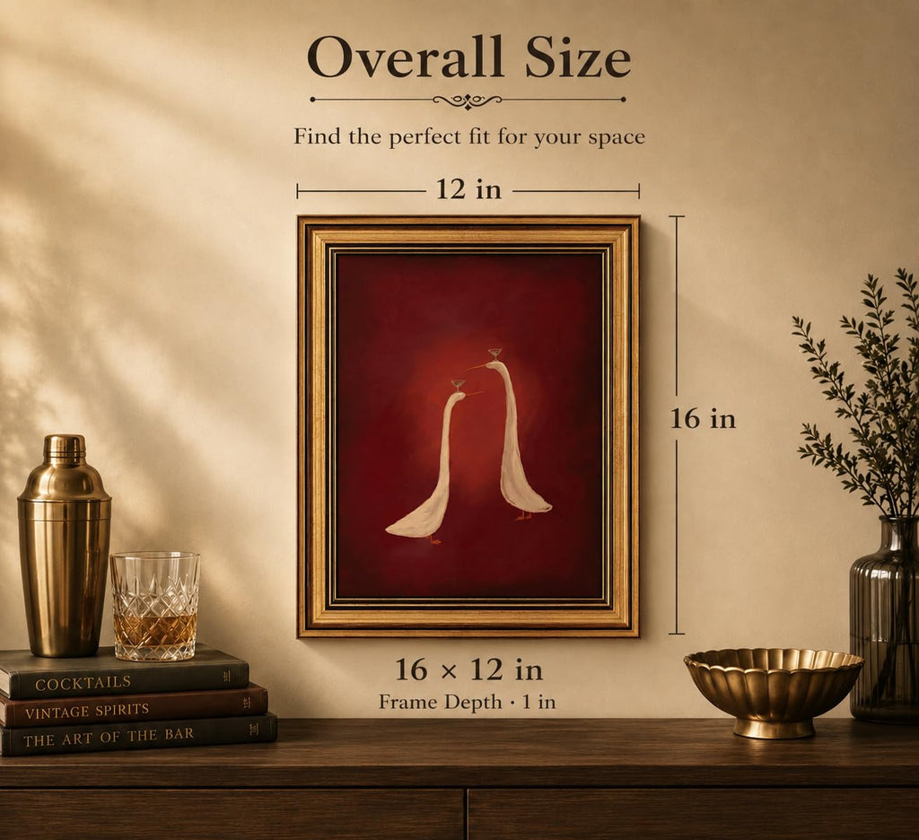 Gold Framed 3D Textured Wall Art, Red Martini Duck Canvas Prints, Minimalist Cocktail Animal Pictures Decor, Funny