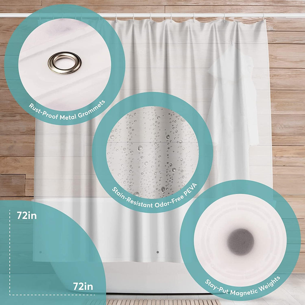 Shower Curtain - 72 x 84 PEVA Premium Shower Curtain with Rustproof Metal Grommet and 3 Magnetic Weights - Odor Free