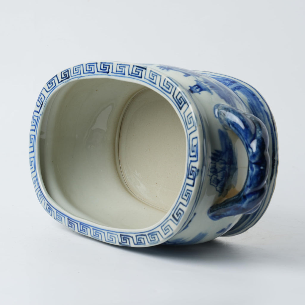 Vintage Blue and White Flower & Birds Porcelain Footbath Planter Chinoiserie Scenery Motif Ceramic Flower Pot (Blue2)