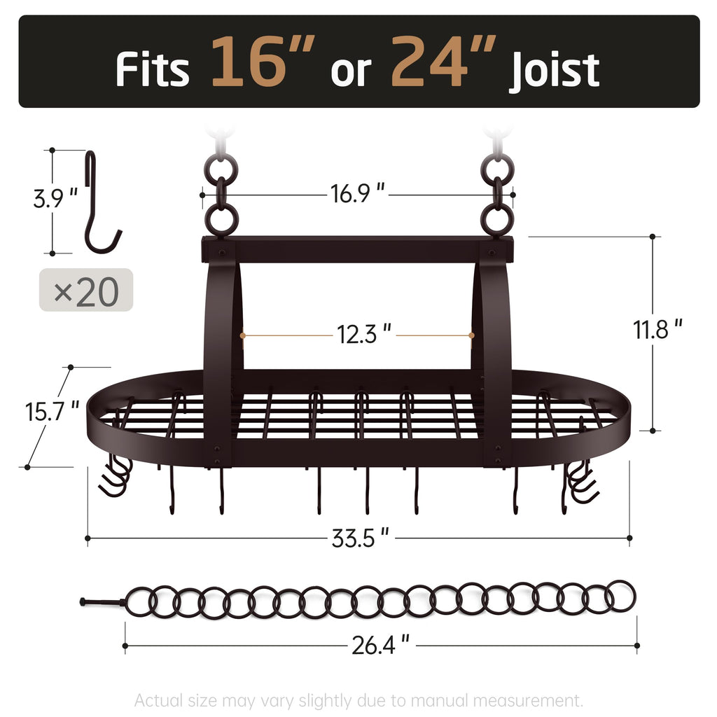 34 Inch Oiled Bronze Hanging Pot Rack, Heavy Duty Oval Pot and Pan Hanging Rack Ceiling Mount, Pot Pan Hangers