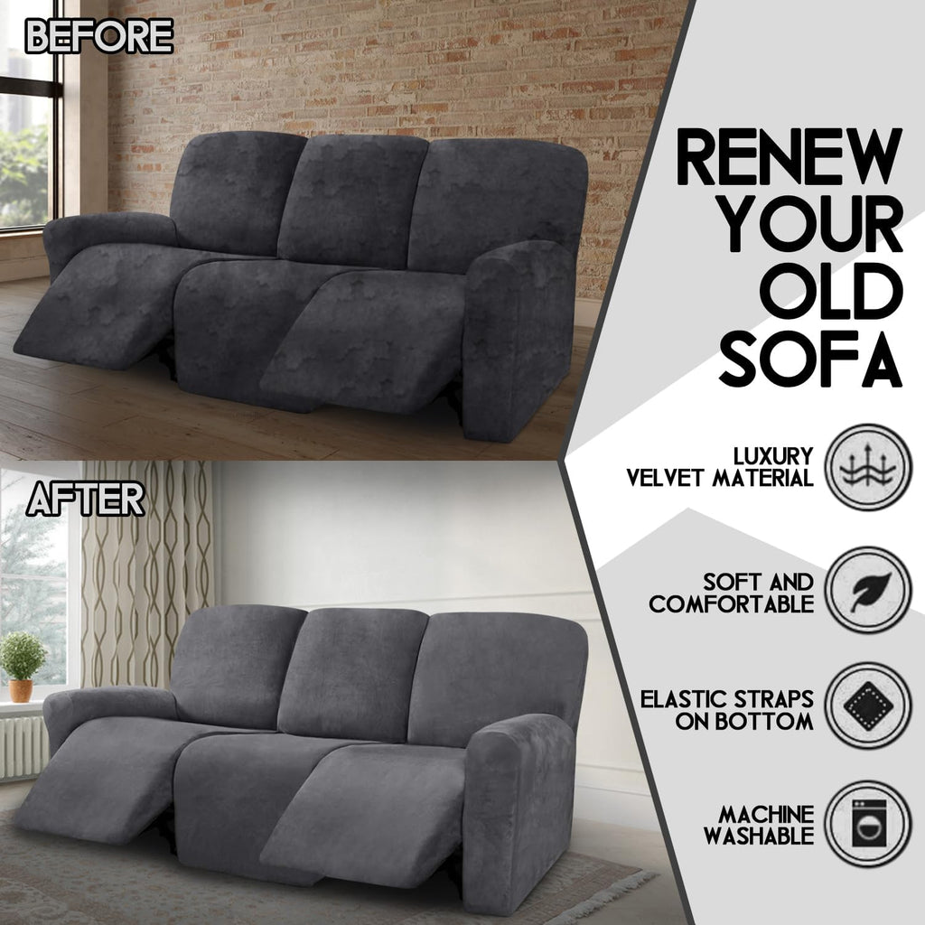Velvet 8-Pieces Recliner Sofa Covers Stretch Reclining Couch Covers for 3 Cushion Reclining Sofa Slipcovers Furniture