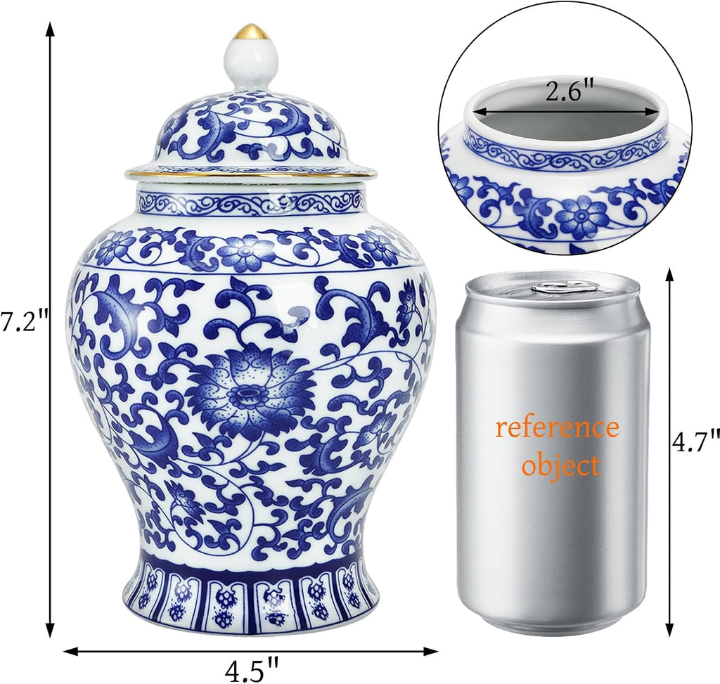Blue and White Ginger Jar with Lid, 7.2 Inch Chinoiserie Porcelain Ginger Jars Airtight, Decorative Ceramic Tea Candy