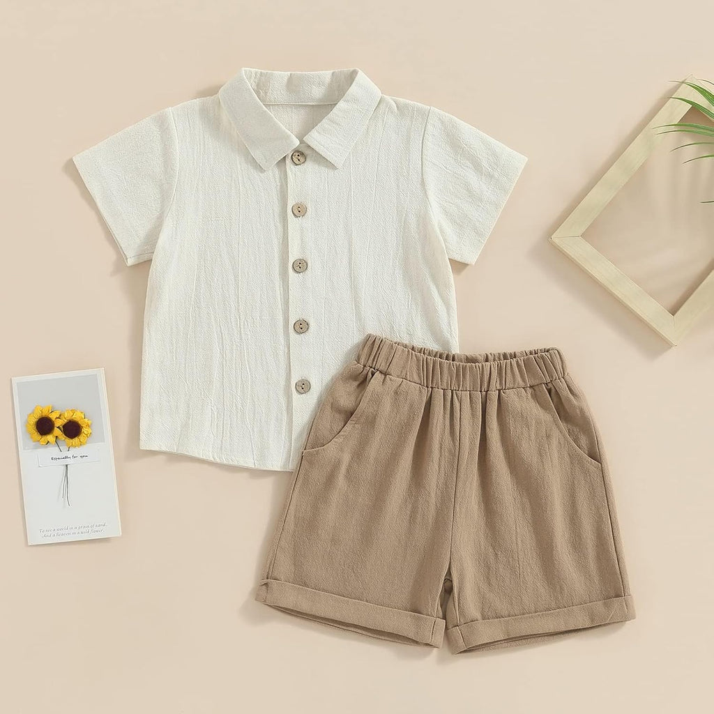 Toddler Baby Boys 2 Pieces Cotton Linen Set Short Sleeve Button Down Shirt and Shorts Set Spring Summer Outfits