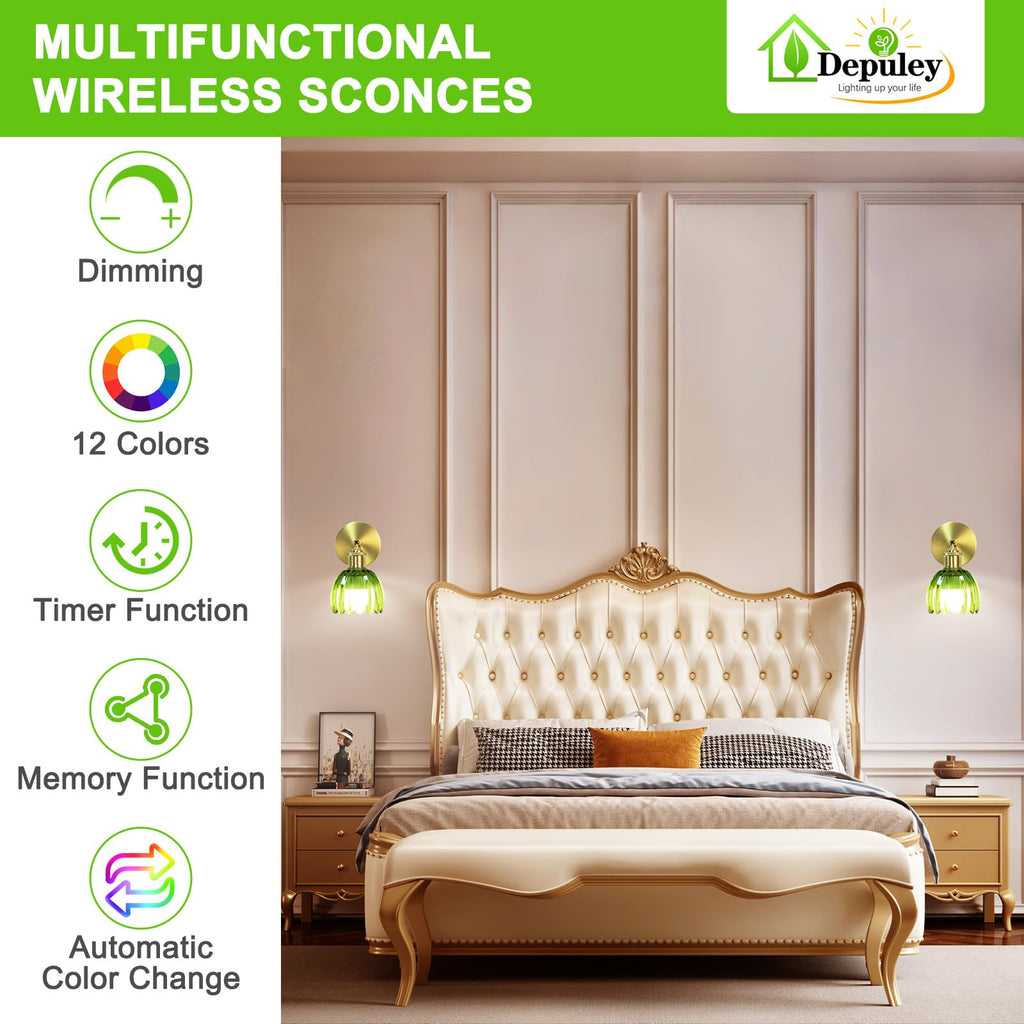 Battery Operated Wall Sconce: Set of 2 Wireless Wall Lights with Tulip Glass Lampshade - Rechargeable 15 Colors Gold