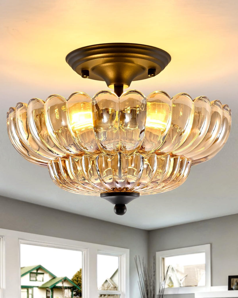 Black Semi Flush Mount Ceiling Light with Amber Glass Shades, 3-Light Modern Farmhouse Chandelier , and Entryway