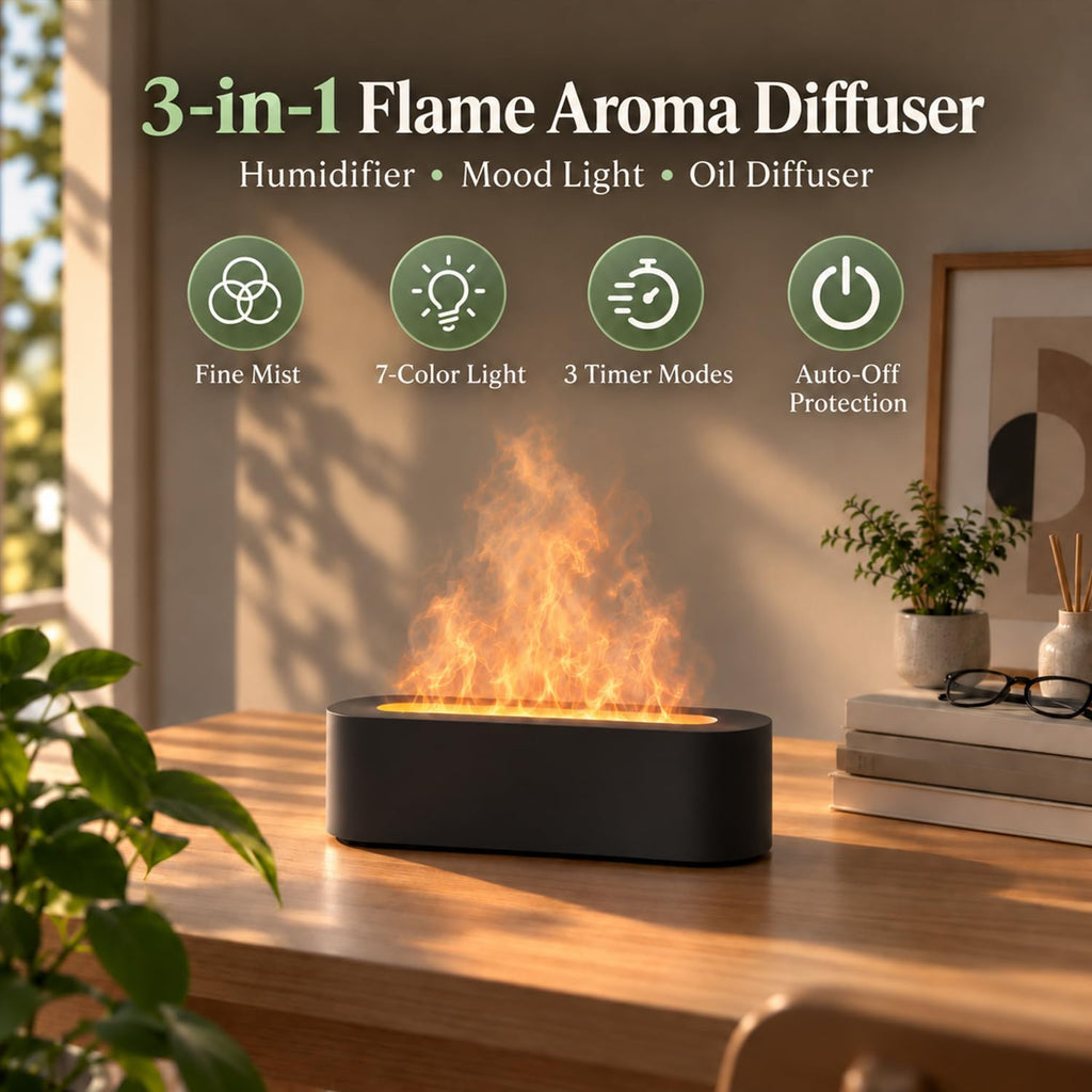 Flame Air Diffuser, Humidifier, Essential Oil Diffuser - 7 Colors, 200mL Capacity (8 Hours), Noiseless Operation