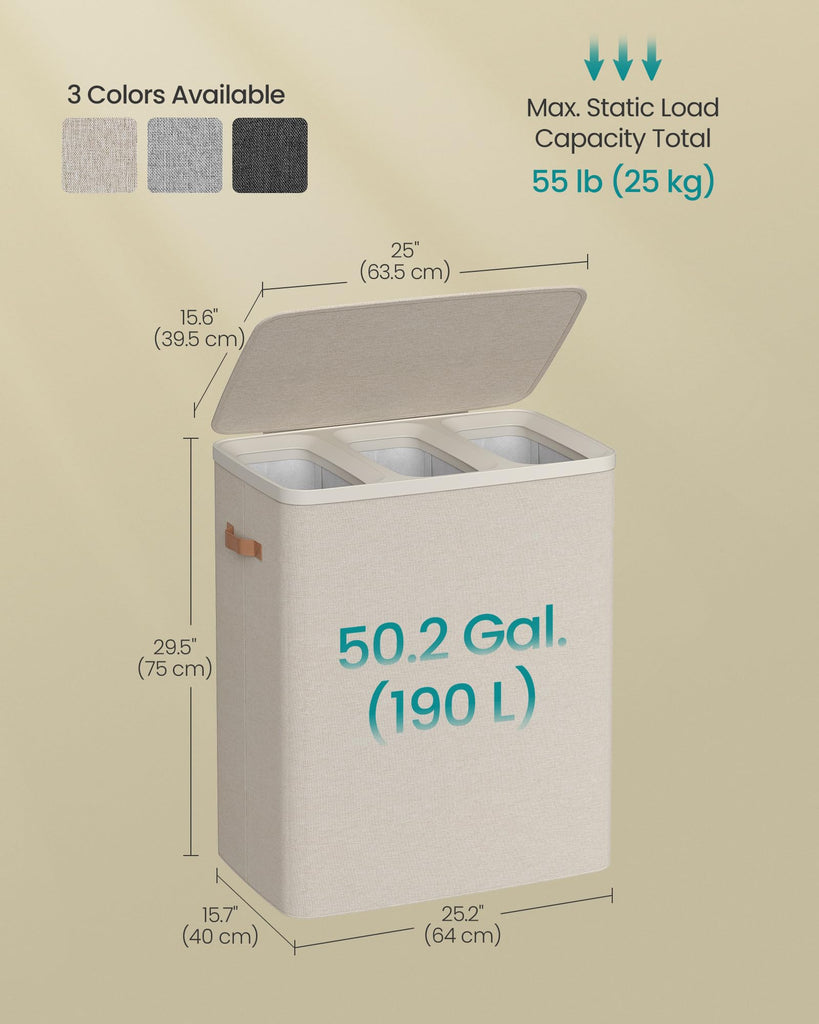 Laundry Basket, 190L Laundry Hamper with Lid, 3 Removable Bags