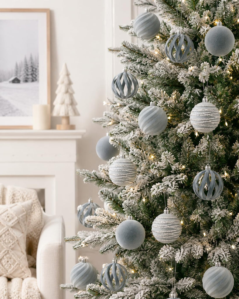 Ornaments Set of 12, 3.15", Dusty Blue Flocked Velvet Balls
