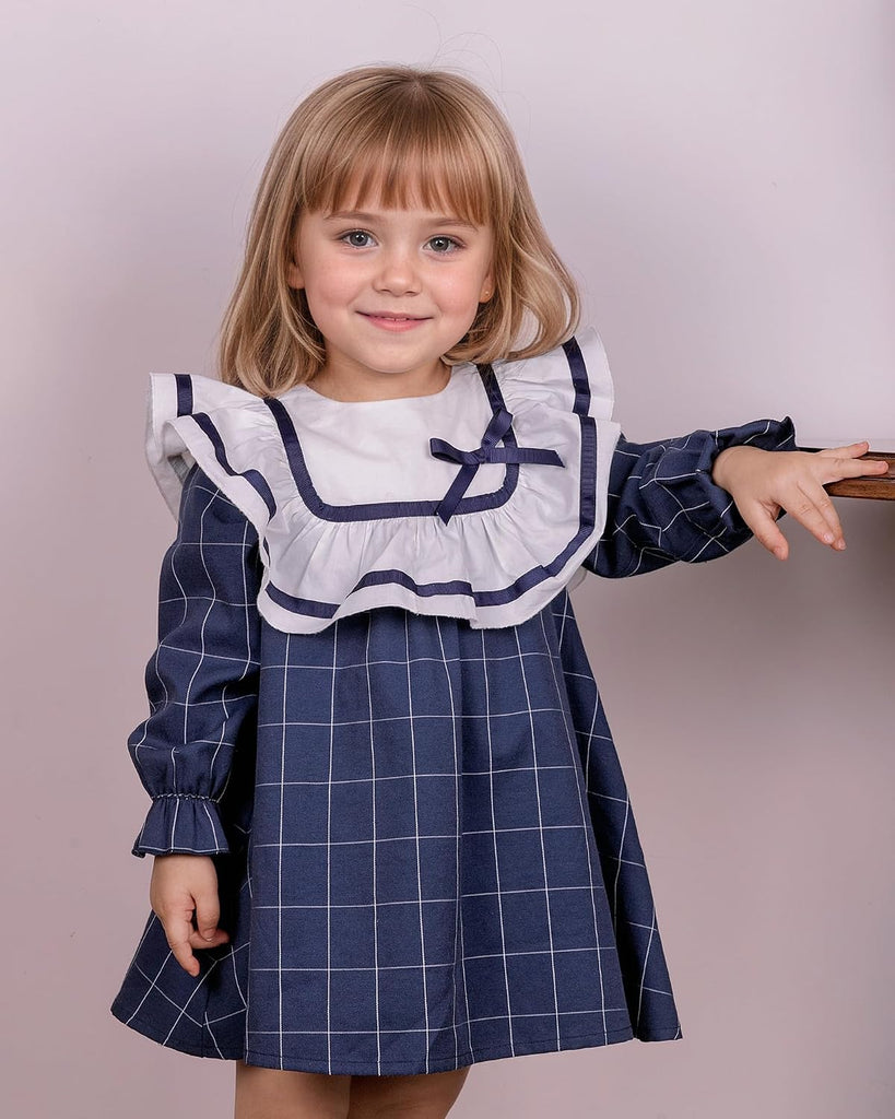Toddler Girls Vintage Plaid Dress | Soft Cotton Princess Ruffle Dress with Bow | Long Sleeve Fall Heirloom Outfit