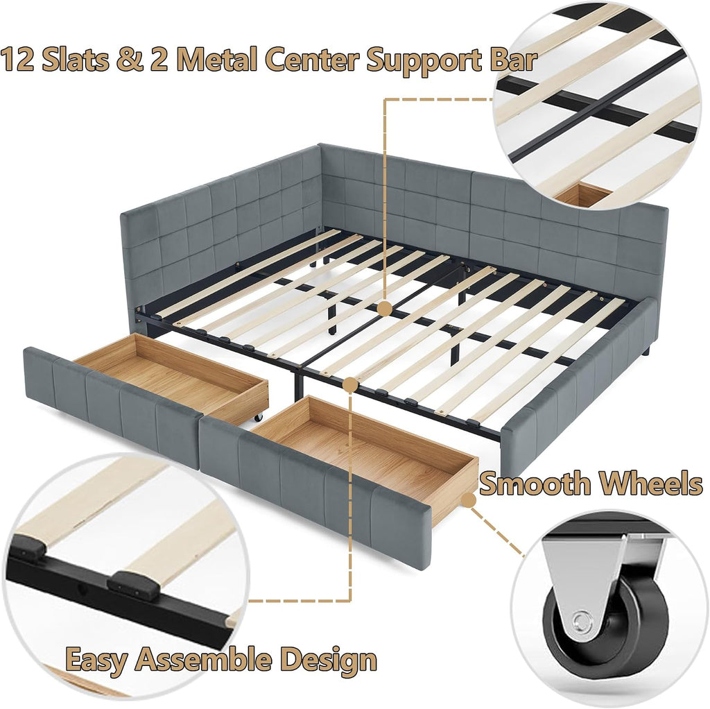 Queen Size Corner Bed Frame with Storage Drawers Comfortable Backrest