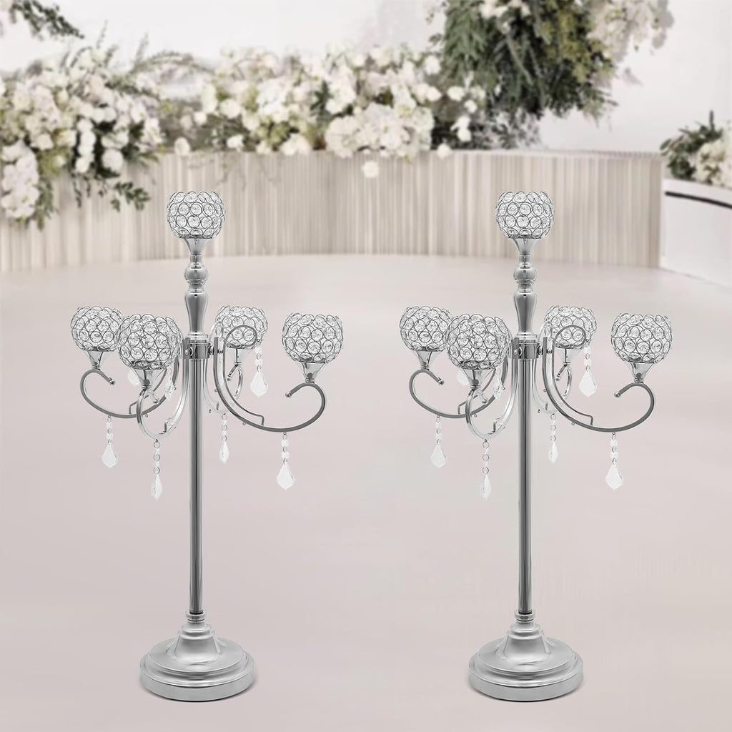 2 Pack 5-Arm Crystal Candelabra Candle Holder 33.8 Inches Tall Floor Candle Holder Candelabras Centerpieces for Table