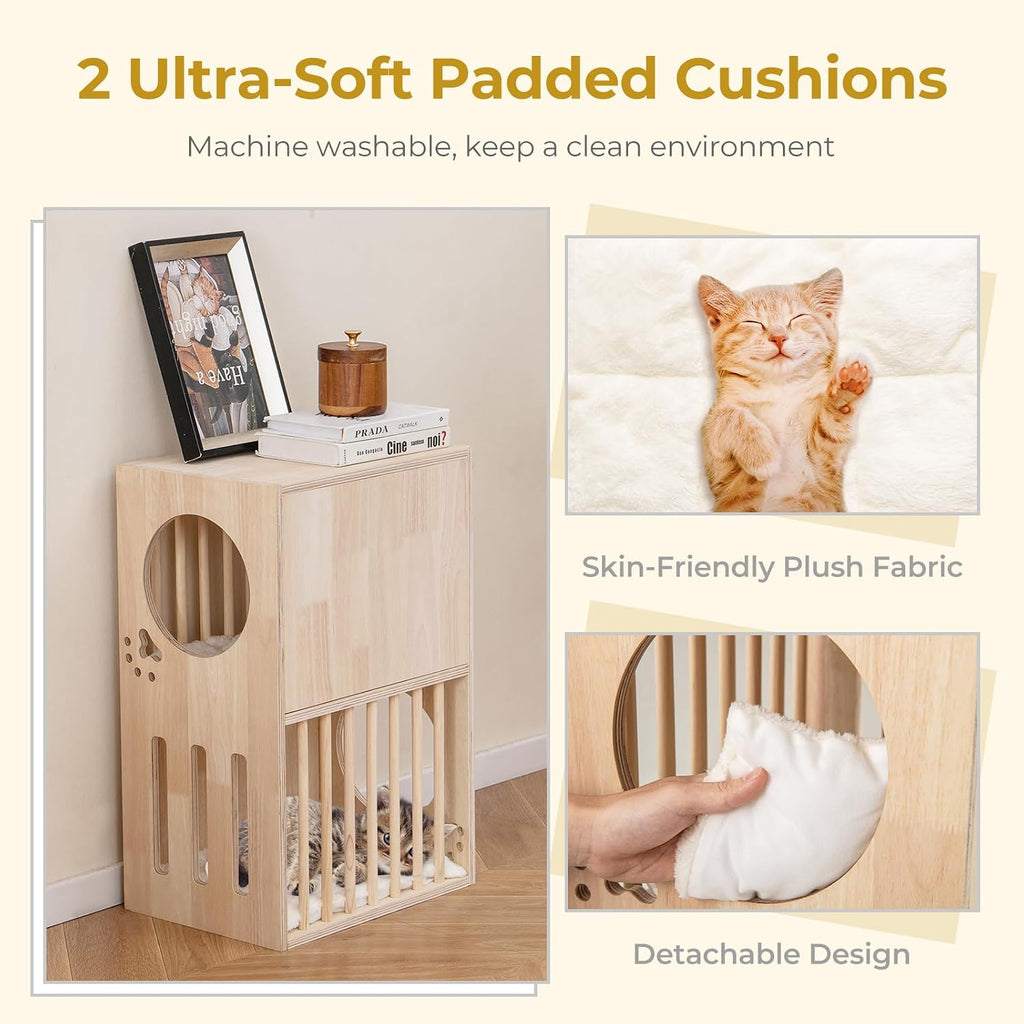 2-Tier Luxury Wood Cat House, Wooden Kitten Cage Condo with 2 Washable Plush Cushions, 2 Access Holes, Indoor Pet