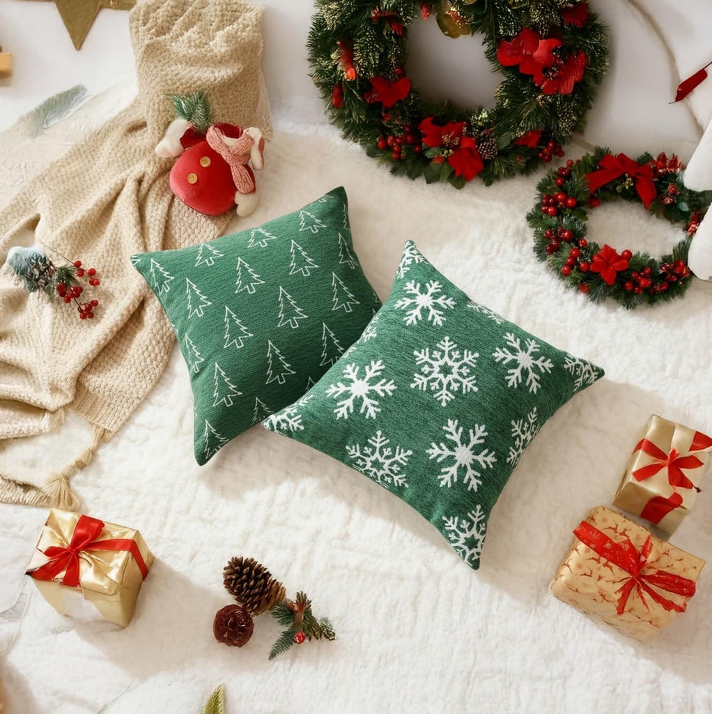 Soft Chenille Christmas Pillow Covers 20x20, Reversible Snowflake & Tree Pattern, Thick & Cozy Farmhouse - Set of 2