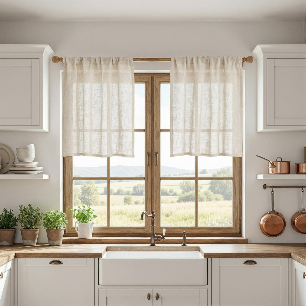 Kitchen Semi Sheer Linen Curtains 24 Inch Long, Light Filtering Window Panels Rod Pocket Valance Neutral Drapes for