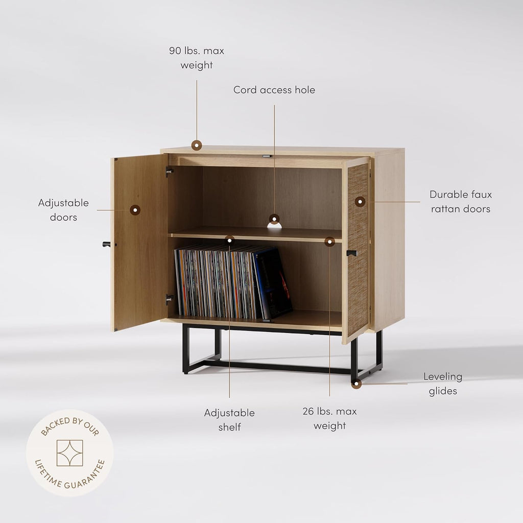 Kova Accent Sideboard Storage Cabinet in Light Wood and Rattan with Metal Frame, Adjustable Shelves and Cane Doors