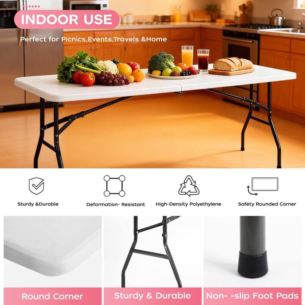 8FT Folding Table | White | Portable Plastic Table