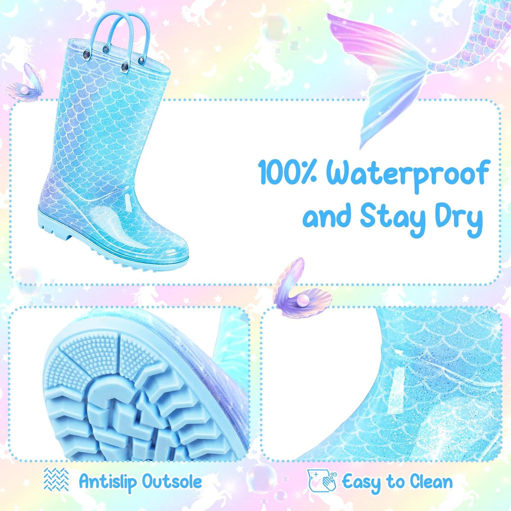 Toddler Rain Boots For Girls Waterproof Rainboots Little Girls Glitter Unicorn Rain Boots For Kids With Easy-On