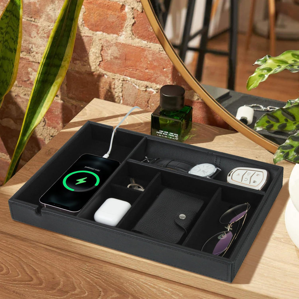 Faux Leather Valet Tray for Gift, Nightstand Organizer Decorative Dresser Tray Box with Phone Charging Station