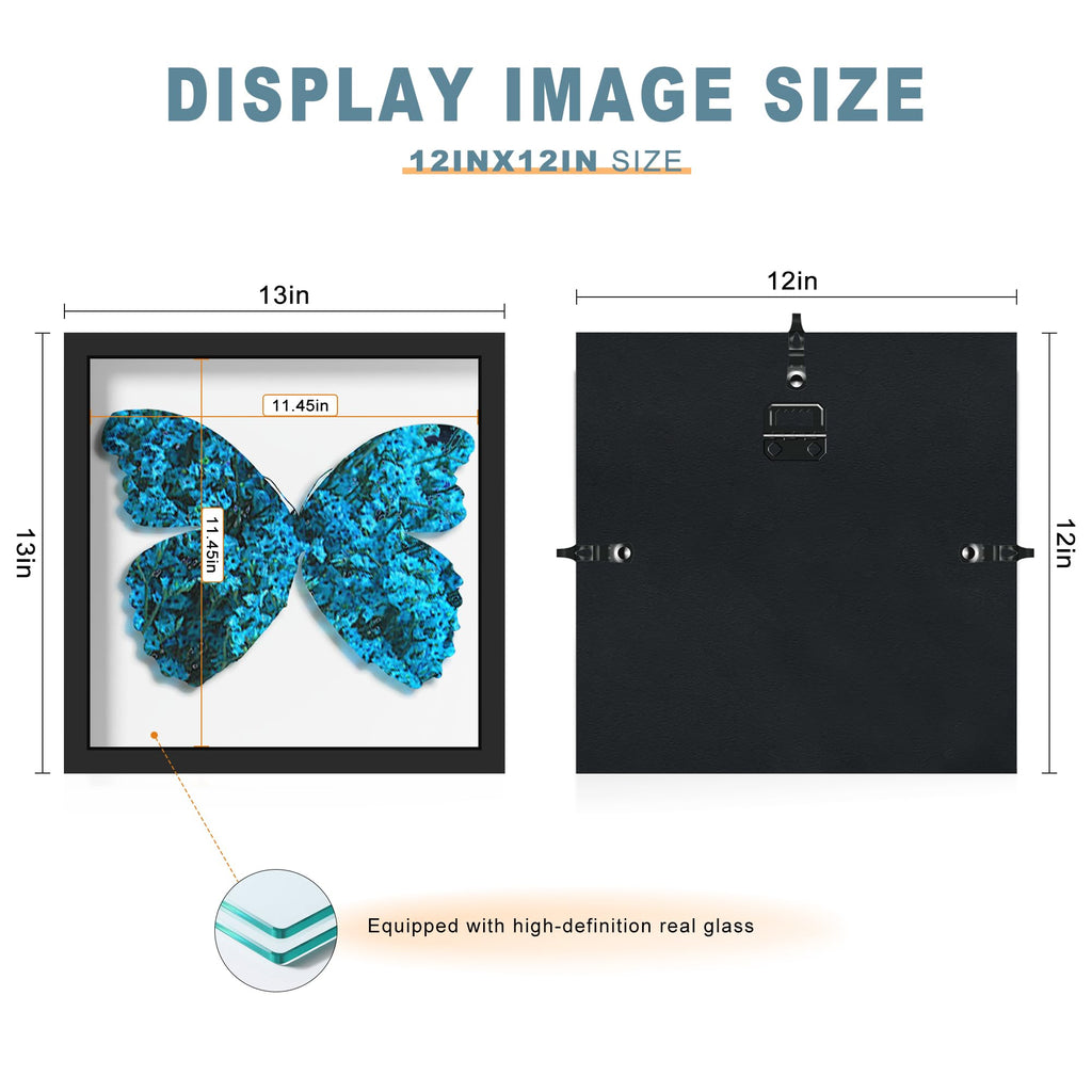 12x12 Black Wooden Shadow Box Frame, 1.2" Deep, Tempered Glass