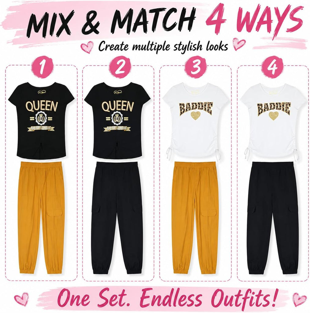 Girls 4 Pack Jogger Pants Set, Glitter and Foil Graphic Sweatpants, Soft Fleece Lounge Pants