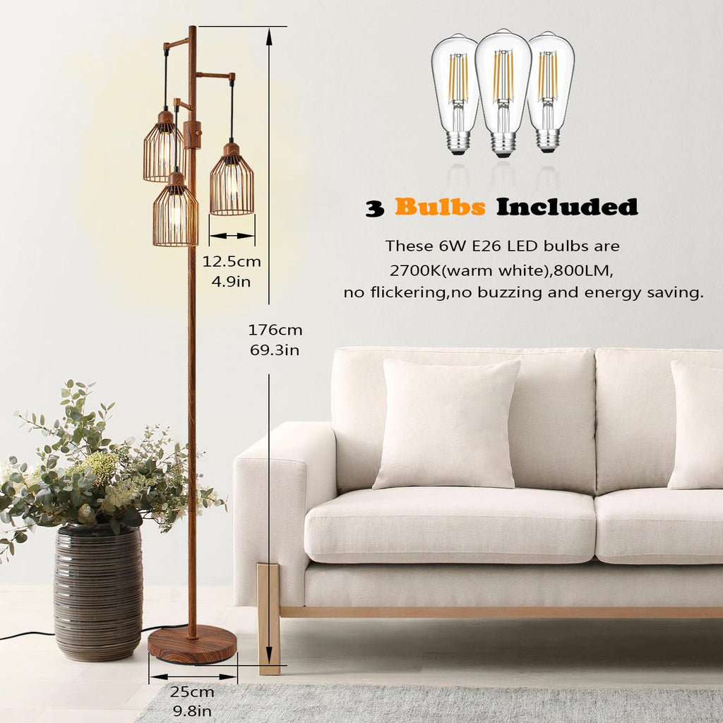 Dimmable Industrial Floor Lamp with 3 Cage Heads, Wood Grain Tree Standing Lamp with Stepless Dimming, Modern