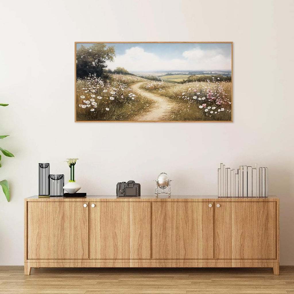Rustic French Country Framed Canvas Wall Art, Vintage Flower Field Wall Decor, Calming Nature Landscape Art