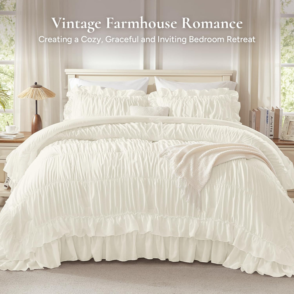Ivory Ruffle Comforter Set, Ruched Farmhouse Bedding 3 Pieces