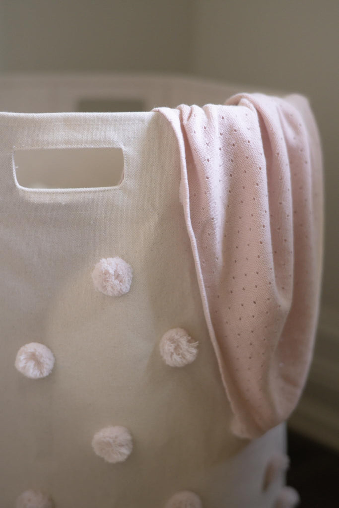Pom Pom Basket, Hamper, Blush, Cotton Canvas Storage, 18"D x 20"H