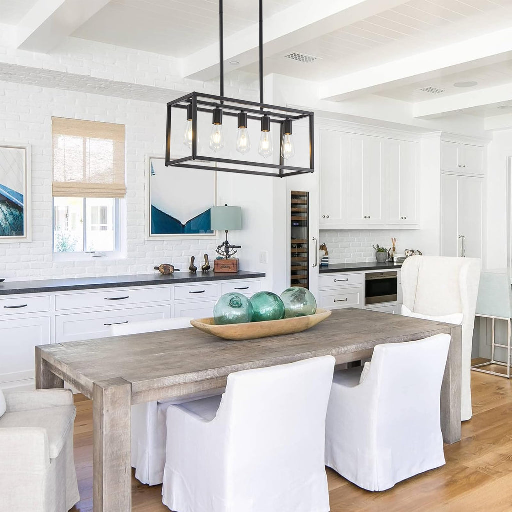 5-Light Kitchen Light Fixtures Black Farmhouse Chandelier Rectangular Dining Room Light Fixture Linear Pendant