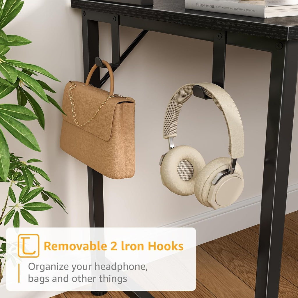 Black Computer Desk with Hutch & Drawers - Office Desk with 3 Storage Drawers and Power Outlets
