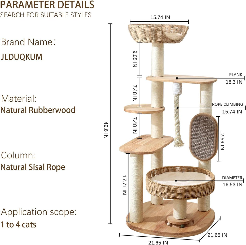 49.6in Solid Wood Cat Tree for Large Cat, Modern Tall Cat Tower
