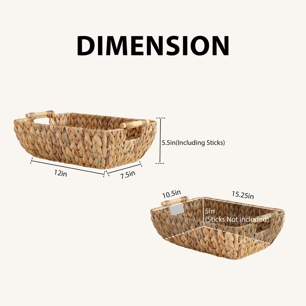 Water Hyacinth Storage Baskets with Wooden Handles, Large Wicker Baskets for Organizing Set of 2