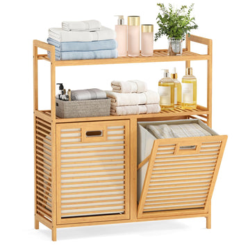 Double Tilt Out Laundry Hamper w/2-Tier Storage Shelf