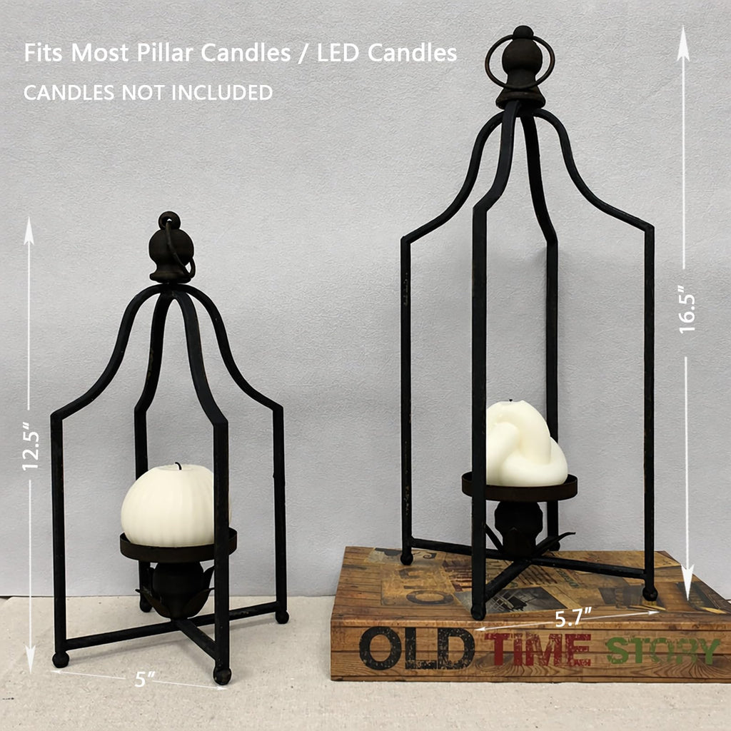 12.5" & 16.5" Timeless Cozy Decorative Lanterns Set of 2, Handcrafted Metal Iron Candle Holders, Farmhouse Elegance