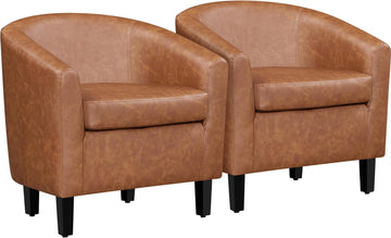Accent Chairs, Faux Leather Barrel Armchairs Brown - Set of 2