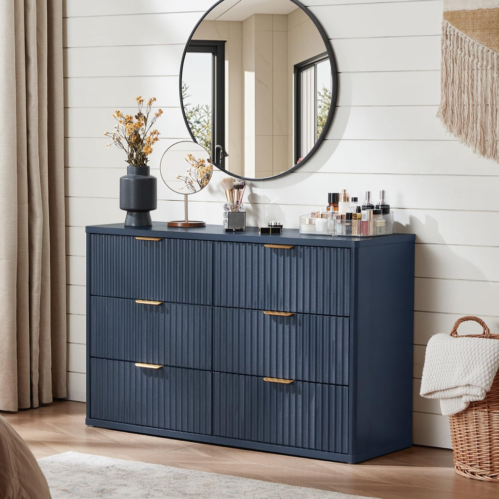 Fluted 6 Drawers Dresser, 48" Wide Modern Chest of Drawers with Wood Grain Top, Curved Profile Design, Dresser TV