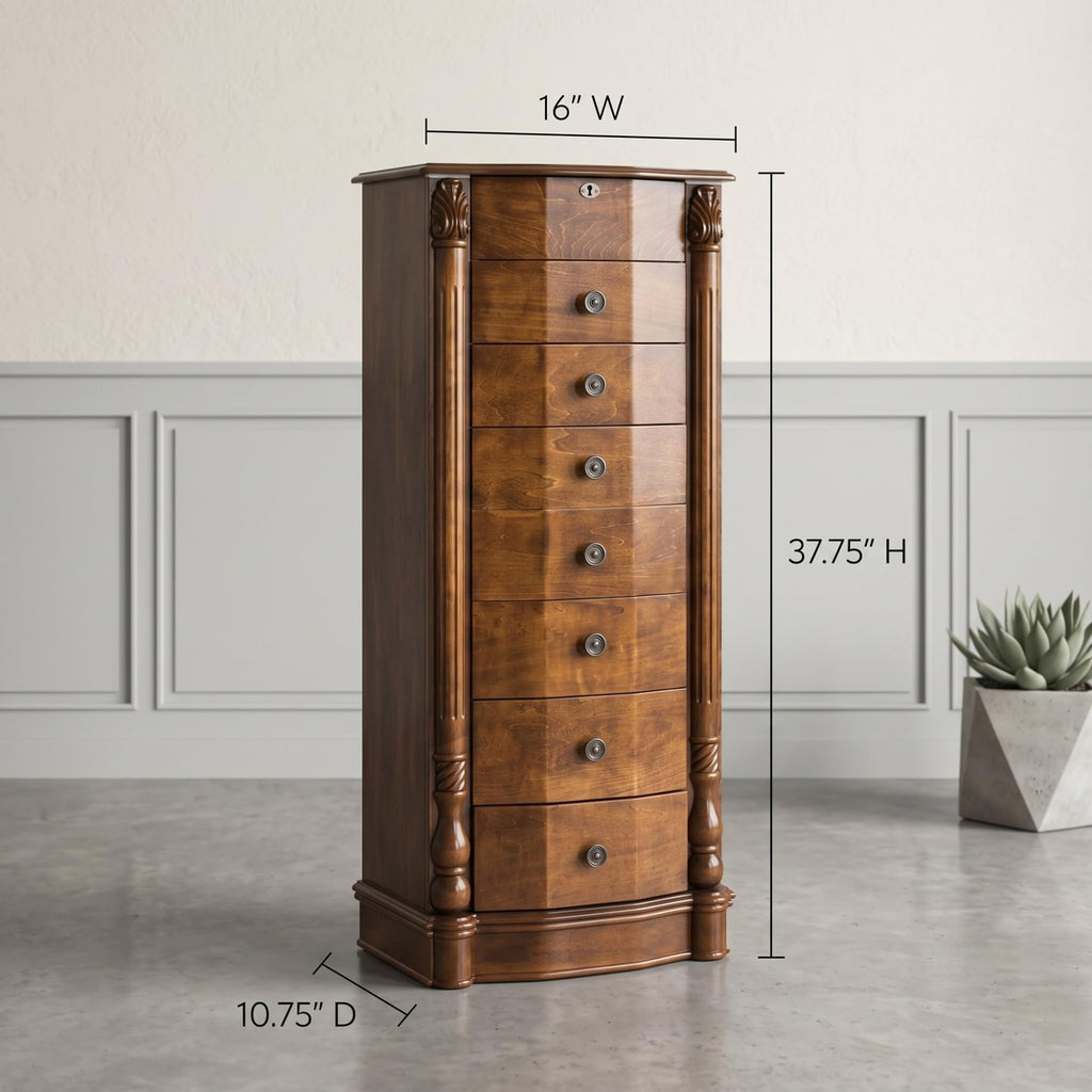 Annette Standing Jewelry Armoire, Locking Jewelry Cabinet, 7 Drawers, Necklace Hooks, Mirror, Secure Storage