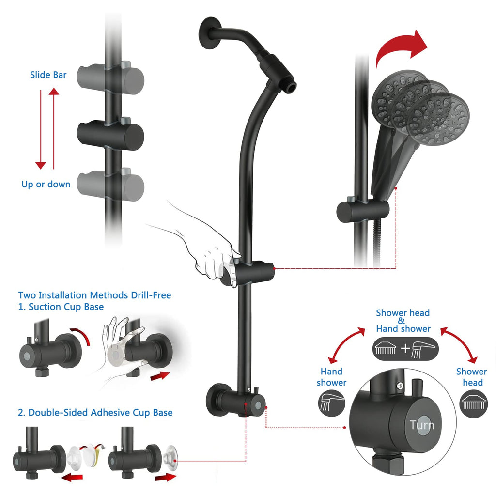 Rainfall 8 Inch Round Shower Head with High Pressure Handheld Spray Combo, Drill-Free Slide Bar with Adjustable