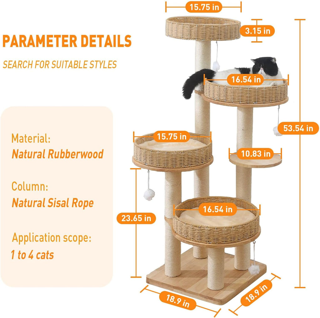 54in Solid Wood Cat Tree for Indoor Cats, Modern Tall Cat Tower